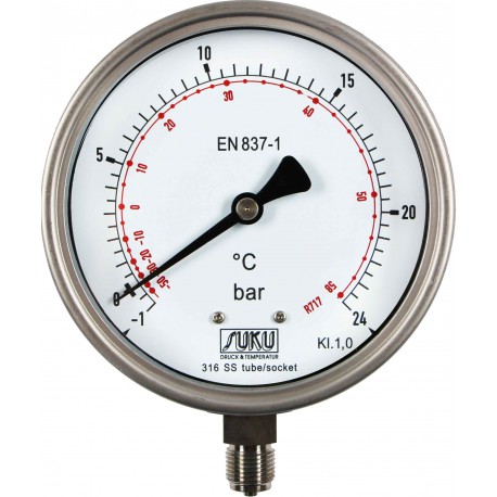 Typ 6616, Rohrfedermanometer NG160, mit Kältemittelskale, komplett Edelstahl