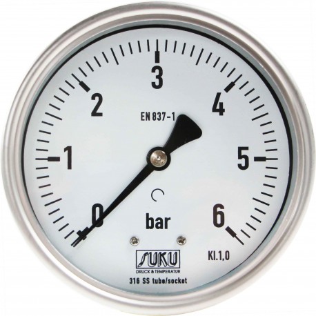 Typ 6629 Rohrfedermanometer NG100, komplett Edelstahl, füllfähig, Anschluss hinten
