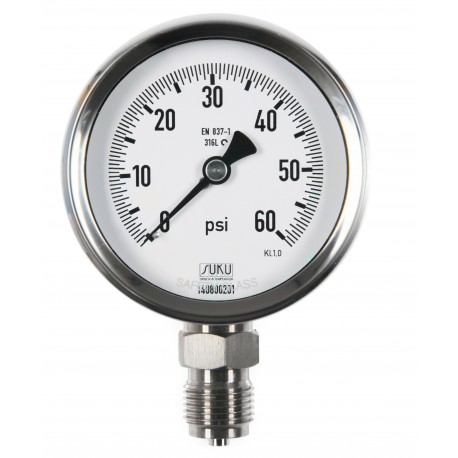 Type 6202 Bourdon tube pressure gauge with glycerine filling, NS80, all stainless steel, connection bottom