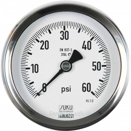 Type 6203 Bourdon tube pressure gauge with glycerine filling, NS80, all stainless steel, connection back