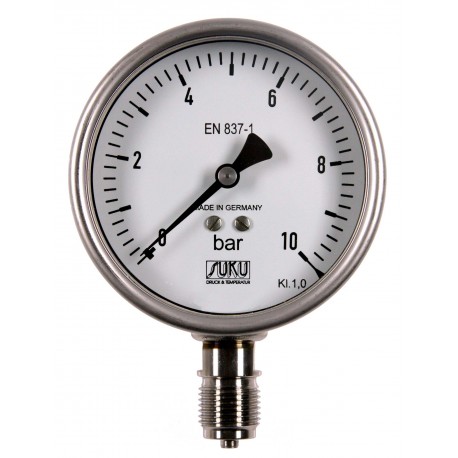 Type 6325, Bourdon tube pressure gauge NS100, chemical version, fillable, connection bottom