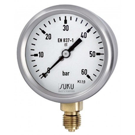 Type 4310 Bourdon tube pressure gauge NS63, case stainless steel, connection bottom, brass